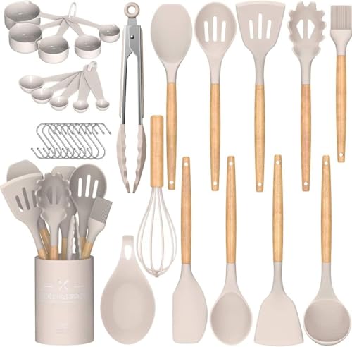 Umite Chef Kitchen Cooking Utensils Set, 33 pcs Non-Stick Silicone Cooking Kitchen Utensils Spatula Set with Holder, Wooden Handle Silicone Kitchen Gadgets Utensil Set (Khaki) - Click to Buy