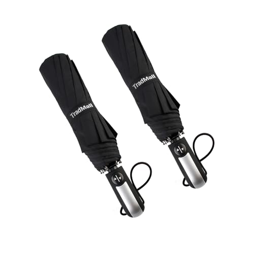 TradMall 2 Pack Travel Umbrella Windproof 46 Inches Large Canopy Reinforced Fiberglass Ribs Ergonomic Handle Auto Open & Close, Black