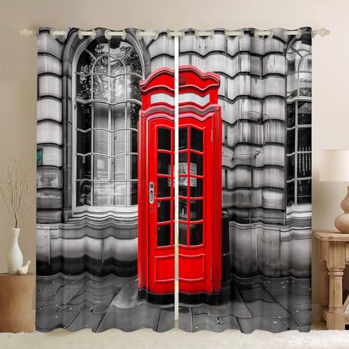 Erosebridal London Window Curtain Panels,Famous London Telephone Booth Blackout Curtains Traditional England UK Street Cultural Style Window Drapes,Room Decor 84"x63"