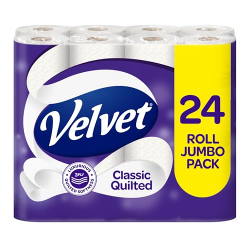 Velvet Classic Quilted Toilet Tissue 24 Rolls - Luxuriously Soft, Strong and Absorbent Toilet Roll - Jumbo Bulk Pack 24 Rolls - 3-ply - White - Click to Buy