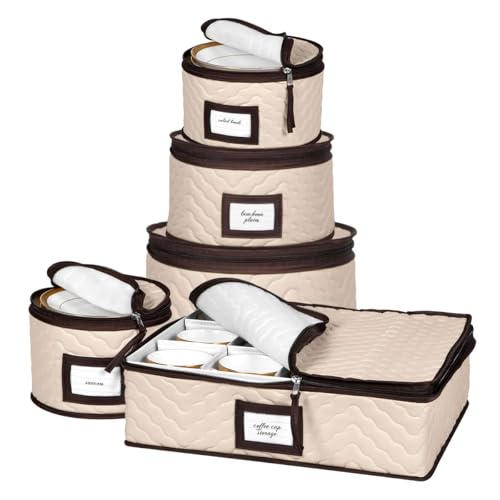 China Storage Containers 5-Piece Set Moving Boxes for Dinnerware, Glasses, Plates, Mugs and Saucers Sturdy Quilted Microfiber Dish Organizer with Dividers for Seasonal Storage - Holds Set of 12 - Click to Buy