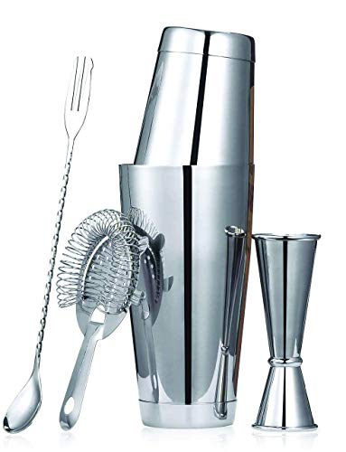 Rudra Exports Double Peg Measure 30 & 60 ml | Boston Shaker Kit with Hawthorne Strainer, Jigger & Bar Spoon for Drink Mixer | Bar Tending Set of 5 | (Size: 28oz and 18oz) - Click to Buy