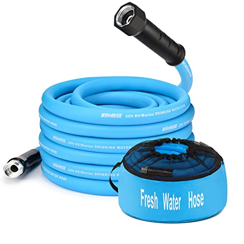Kohree 25FT RV Water Hose with Storage Bag, 5/8'' Premium Drinking Water Hose Leak Free, No Kink and Flexible Garden Hose for RV, Camper, Truck, Car - Blue - Click to Buy