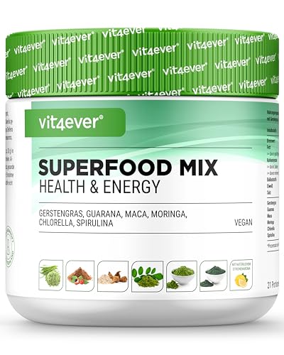 Kombination aus Superfoods - 420 g Pulver (Shake) mit Gerstengras, Guarana, Maca, Chlorella, Spirulina, Moringa - 100% natürlicher Power Smoothie - Mit Zitronen Aroma - Vegan - Click to Buy