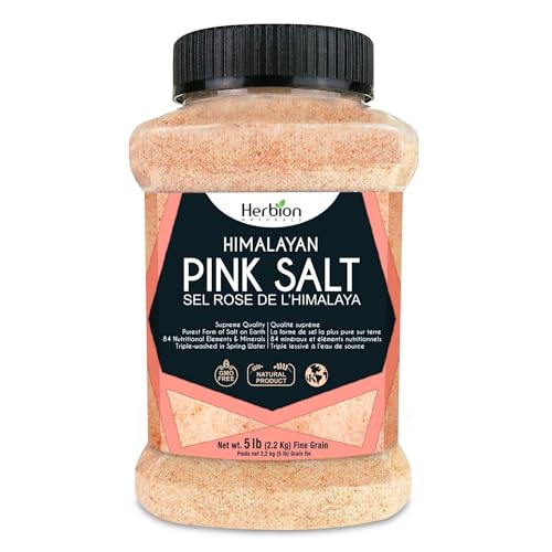 Herbion Naturals Himalayan Pink Salt - Fine Grain - 5 lb. (2.2 Kg) Unbreakable Jar - Kosher Certified - GMO-Free - Vegan - Supreme Quality - Chemical Free - Click to Buy