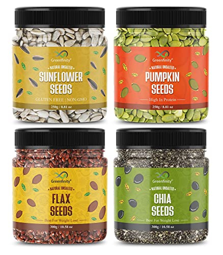 GreenFinity Healthy & Tasty Jumbo Pumpkin, Jumbo Sunflower - 250g, Flax Seeds, Chia Seeds - 300g Jar | Seeds for Eating | Immunity Booster Diet | Protein and Rich in Fibre - Click to Buy