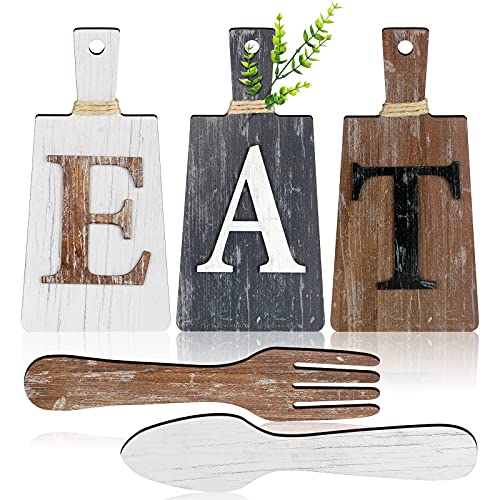 Jetec Cutting Board Eat Sign Set Hanging Art Kitchen Eat Sign Fork and Spoon Wall Decor Rustic Primitive Country Farmhouse Kitchen Decor for Home Decoration(White, Grey,brown) - Click to Buy