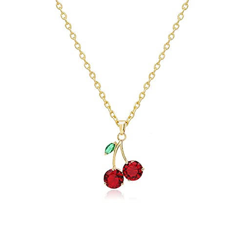 ONLYJUMP Personalized Red Crystal Cherry Fruit Earring Pendant Necklace for Women Creative Cute Summer Tropical Fruit Basket Choker Sweet Shining Green Leaf Ruby Red Cherry Stud Earrings - Click to Buy