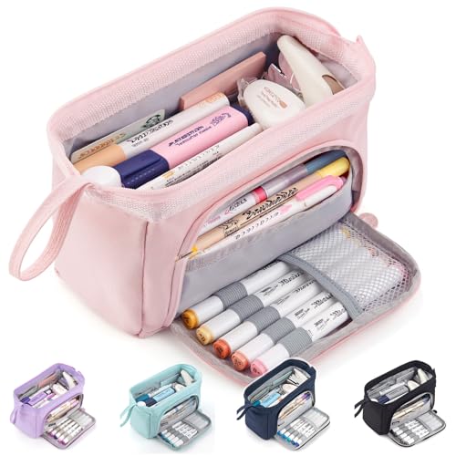 HVOMO Pencil Case Large Capacity Pencil Pouch Handheld Pen Bag Cosmetic Gift for Office School Teen Girl Boy Men Women Adult (Pink) - Click to Buy