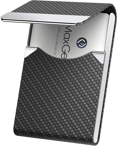 MaxGear Business Card Holder, PU Leather & Stainless Steel Business Card Case for Men or Women, Slim Name Cards Holder RFID Blocking Credit Cards Carrier with Magnetic Closure, Black Carbon - Click to Buy