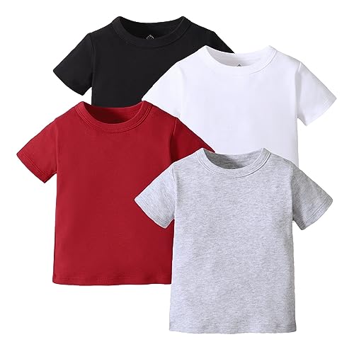 OPAWO Unisex Infant Baby Crew Neck T-Shirt 4 Pack Short Sleeve Solid Color Blank Tees Shirts for Boys Girls 6M-5T (Black/White/Gray/Red, 18-24 Months) - Click to Buy