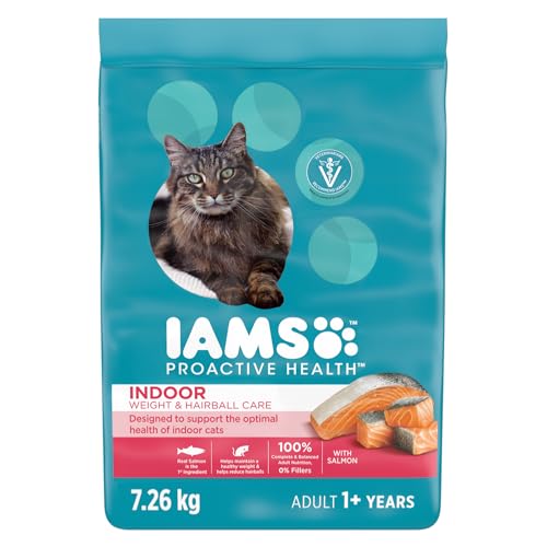 IAMS PROACTIVE HEALTH Indoor Weight & Hairball Care Adult Dry Cat Food – Salmon – 7.26KG (16LB) Bag
