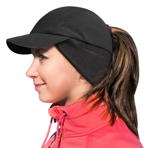 GADIEMKENSD Winter Ponytail Hat Reflective Fleece Running Hats for Women Baseball Caps with Earflap Drop Down Ear Warmer Mens Skull Cap Beanie with Visor Cold Hat for Outdoor Hiking Snow Ski Black - Click to Buy