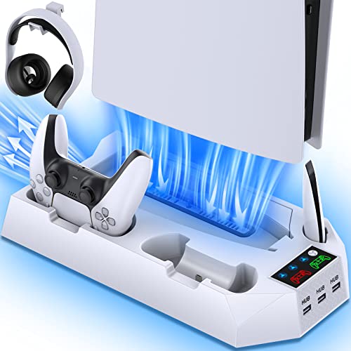 PS5/PS5 Slim/PS5 Pro Stand and Cooling Station with Dual Controller Charging Station for PlayStation 5 Console, PS5 Accessories Incl. Controller Charger, Cooling Fan, Headset Holder, 3 USB Hub, White - Click to Buy
