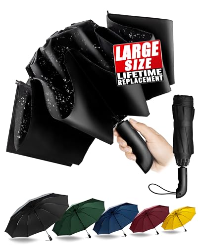 Chakipee Automatic Travel Inverted Umbrella Compact Windproof- Automatic reverse Umbrellas for Rain - Men and Women, Folding Portable 48inch Span, 10 Ribs Large Umbrella