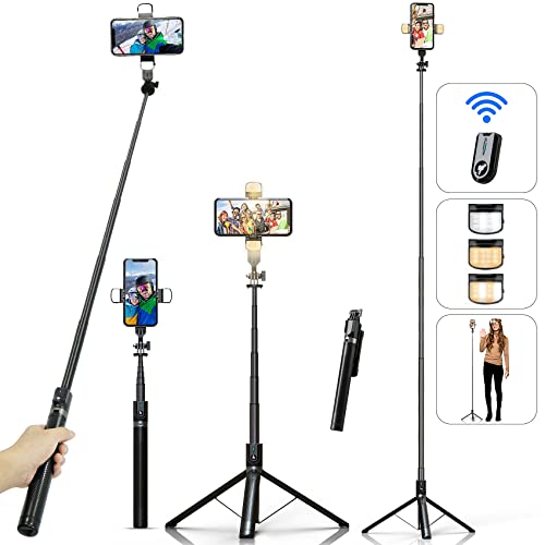 Selfie Stick Phone Tripod with Remote and LED Fill Lights - ASHINER 180cm Heigh Cell Phone Holder for Travel, Vlogging, Live Streaming Video and Photos, Phone Stand Compatible with iPhone and Android - Click to Buy