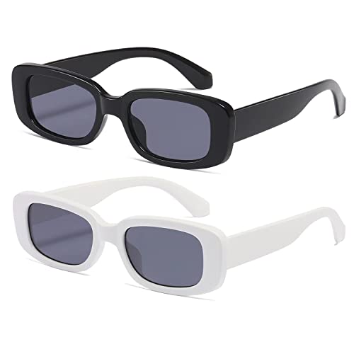 Kimorn Rectangle Sunglasses for Women Men Trendy Retro Fashion Glasses 90’s Vintage UV 400 Protection Square Fram K1200 (Black Frame Grey Lens+White Frame Grey Lens, 65)