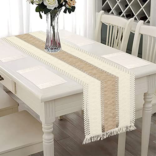 Macrame Table Runner,Braided Stripe Table Runner Collection,Woven Table Runner Farmhouse Style with Tassels Boho Kitchen Dining Table Decoration for Home Tablecover Dresser Party Gathering Xmas Decor - Click to Buy