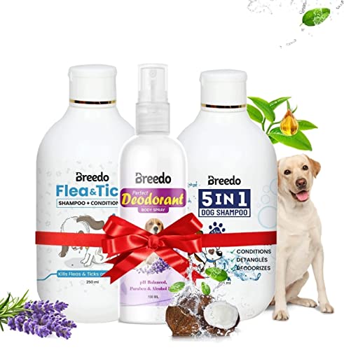 Breedo (Combo of 3) Dog Flea and Tick Shampoo +5 in 1 Shampoo(500 ml)+ 100 ml Perfect Dog Body Deodorizer Spray Natural Itch Relief Dog Shampoo for Labrador, German Shepherd, Golden Retriever