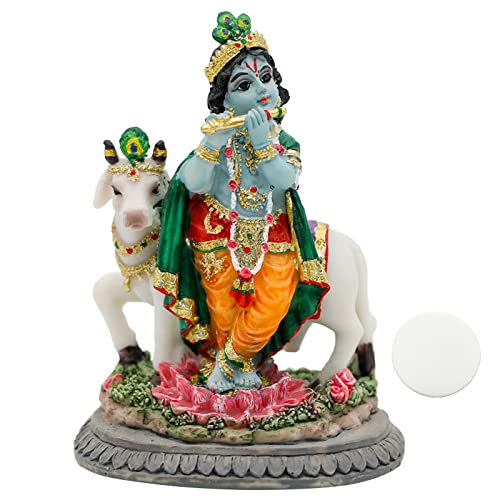 Hindu Idol Lord Krishna Statue- 3.7”H Handmade Standing Krishna Murti Playing Flute with Cow for Home Office Mandir Temple Altar Shrine Pooja Item Diwali Puja Gifts - Click to Buy
