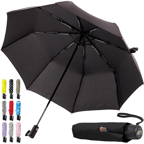 GORILLA GRIP Windproof Compact Umbrella for Rain, One-Click Automatic Open and Close, Strong Reinforced Fiberglass Ribs, Easily Collapsible, Lightweight Portable Umbrellas for Travel, Black