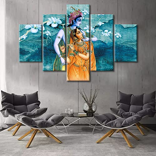 5 Pieces Radha Krishna Wall Art Indian Wall Painting Hindu Lord Pictures Print On Canvas Modern Canvas Prints Vintage Wall Decorations Artwork Framed Poster Office Wall Decor, 60"x40" - Click to Buy
