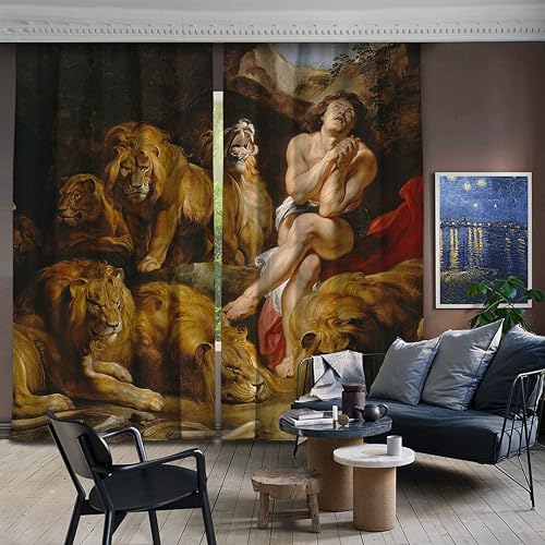 CASANEMA World Classic Art Masterpiece Curtain Series Sir Peter Paul Rubens Daniel in The Lions' Den Home Darkening Décor 2 Curtain Panels Made in Turkey (52" Wx72 L)