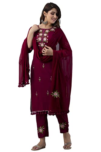 JG Women's Ethnic Wear Collection Rayon Straight Embridered Kurti & Pant Set With Dupatta Readymade Salwar Suit For Women Casual Wear(Maroon-X-Large Size) - Click to Buy
