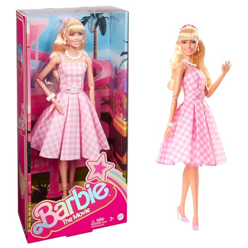 Barbie The Movie Doll, Margot Robbie as Barbie, Collectible Doll Wearing Pink and White Gingham Dress with Daisy Chain Necklace - Click to Buy