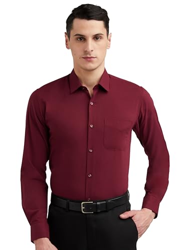 Peter England Men's Everyday Solid Slim Fit Full Sleeve Formal Shirt | Cotton-Rich Dark Maroon - Click to Buy