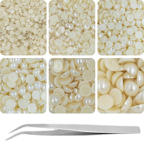 INDIKONB Half Cut Pearls for Jewellery Making Craft, Round Flat Back Pastable Acrylic Pearls for Art, Craft, Scrapbooking, Decoration (Cream, Small) - Click to Buy