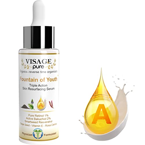 Visage Pure Fountain of Youth Serum - Organic, Toxin-Free Skin Serum with Retinol, Bakuchiol, Resveratrol, Vitamin E for Resurfacing, Toning, and Wrinkle Repair - Click to Buy