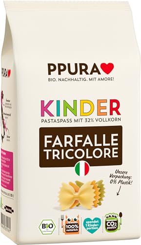 PPURA Bio Pasta Kinder Farfalle Tricolore 500g – Bio Farfalle Nudeln mit 32% Vollkornanteil, Made in Italy – Ohne Zucker, Zusatzstoffe & Farbstoffe, traditionell hergestellt & nachhaltig verpackt - Click to Buy