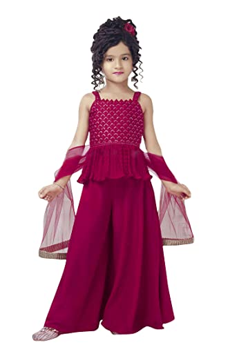 Angel f Studio Girls Embroidered Rayon Crepe Blend Suit with Sharara Pants And Dupatta Set (11-12 Years, Rani) - Click to Buy