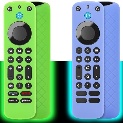 [2 Pack] Pinowu Remote Cover Case (Glow in The Dark) Compatible with Firetv Voice Remote Pro (2022 Released), Anti Slip Shockproof Silicone Sleeve with Wrist Strap (Green & Sky Blue) - Click to Buy