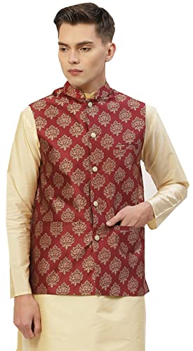 Men's Brocade Silk Nehru Jacket Traditional India Waistcoat (Maroon, S) - Click to Buy