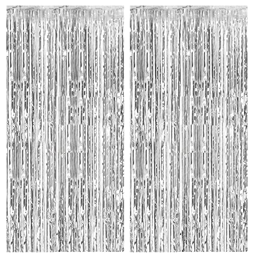 2 Pack Foil Curtain Backdrop Silver Metallic Tinsel Foil Fringe Curtains Photo Booth Props for Birthday Wedding Engagement Baby Shower Bachelorette Christmas Holiday Celebration Party Decorations - Click to Buy