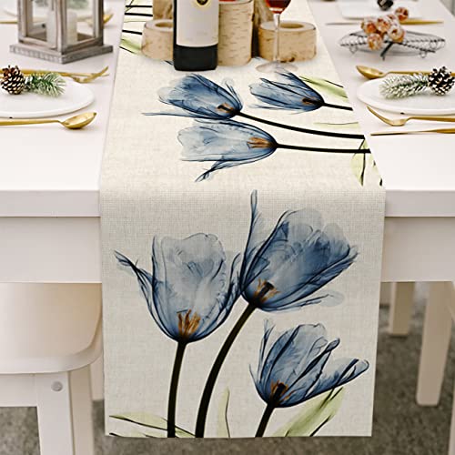 Avoik Floral Table Runner Flowers, Mode Table Runner Blue Flower Table Runners Seasonal Rustic Summer Table Runner for Home Holiday Party Coffee Dining Spring Table Decoration 13x72 (Blue Tulip) - Click to Buy