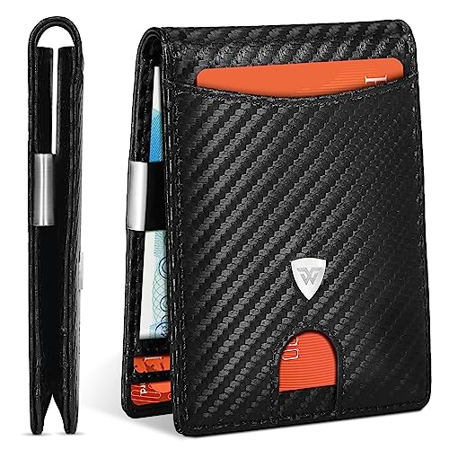 WONSEFOO Wallets Mens Slim RFID Blocking Carbon Fiber Leather for Men UK with up to 12 Credit Card Slots, Strong Money Clip, Minimalist Bi-Fold Gift Box - Black, 11.5 x 8.5 x 1.5 cm