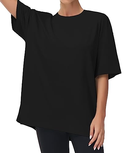 THE GYM PEOPLE Women's Casual Oversized T-Shirts Summer Crewneck Short Sleeve Workout Basic Tee Tops Black - Click to Buy