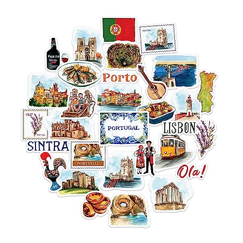Navy Peony Picturesque Portugal Travel Stickers (31pcs)-Watercolor, Waterproof Iconic Vacation Decals for Journals, Scrapbooks, Water Bottles - Click to Buy