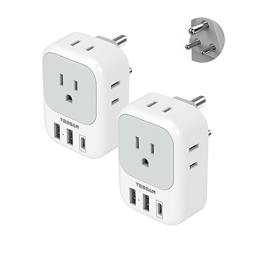 US to India Plug Adapter 2 Pack, TESSAN Type D Travel Adapter with 4 Outlets 3 USB Charger (1 USB C Port), Indian Outlet Adaptor for USA to Bangladesh, India, Kuwait, Maldives