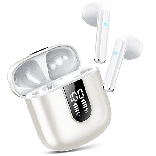 Wireless Earbuds, Bluetooth 5.3 Headphones HiFi Stereo, Mini in-Ear Bluetooth Earbuds, Wireless Earphones with 4 ENC Noise Cancelling Mic, IP7 Waterproof, LED Display, Touch Control Ear Buds, White - Click to Buy
