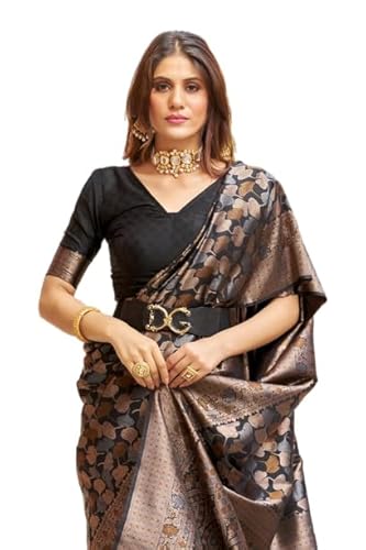 SWORNOF Womens Kanjivaram Soft Silk Saree Patola saree With Blouse Piece (BLACK) - Click to Buy