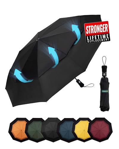 Chakipee Kompakter Reise Regenschirm Groß Sturmfest – Automatik Taschenschirm für Herren und Damen, Doppelt belüftetes Vordach 210T-Gewebe 102 cm Spannweite 9 Rippen Schirm Schwarz - Click to Buy
