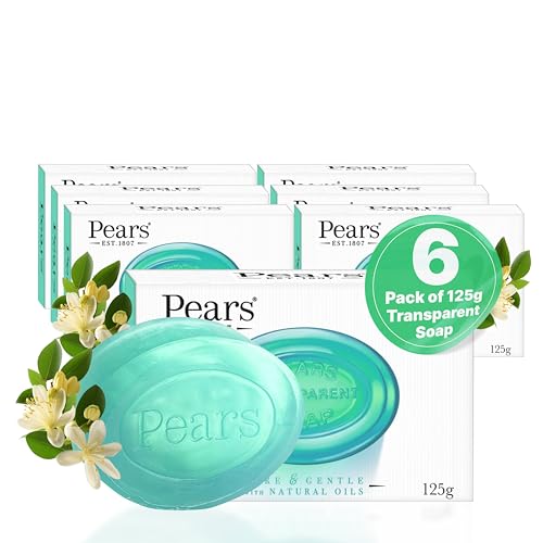 Pears Pure & Gentle Transparent Natural Soap Bar - Made with Lemon Flower Extracts, Nourishing and Refreshing Bathing Cleanser, Gentle & Soothing Skin Care, Pure Transparency, Pack of 6 x 125g - Click to Buy