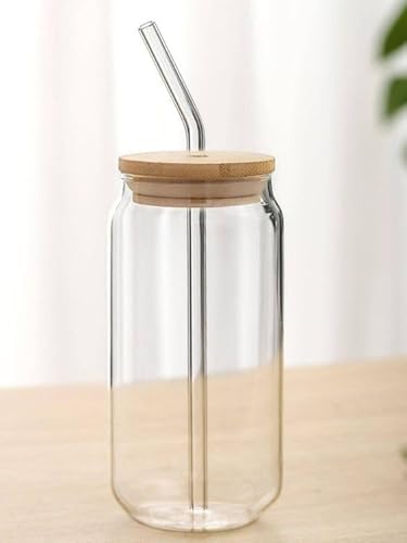 SKDBPM Ice Juice Drinks Glass Can Mug with Straw for Milk/Coffee/Green Tea Cup Set of 1-510ml Transparent Printed Can Shape Cup (Pack of 1) (Wooden LID CAN)