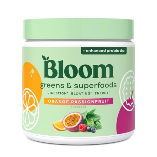 Bloom Nutrition Superfood Greens Powder, Digestive Enzymes with Probiotics and Prebiotics, Gut Health, Bloating Relief for Women, Chlorella, Juice Mix w/Beet Root Powder, 30 SVG, Orange Passionfruit - Click to Buy