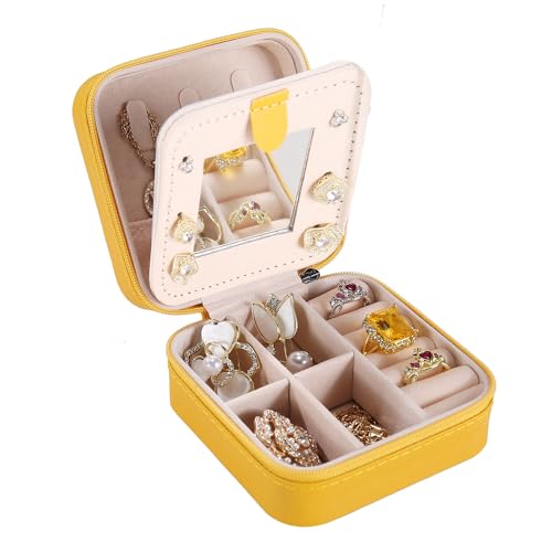 KElofoN Travel Jewelry Case with Mirror - Small Organizer Box for Girls & Women (Yellow) - Click to Buy