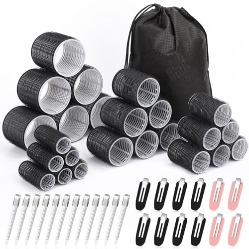Hair Curlers Set with 24 Rollers (6 Jumbo, 6 Large, 6 Medium, 6 Small) and 24 Clips for All Hair Lengths (Black) - Click to Buy